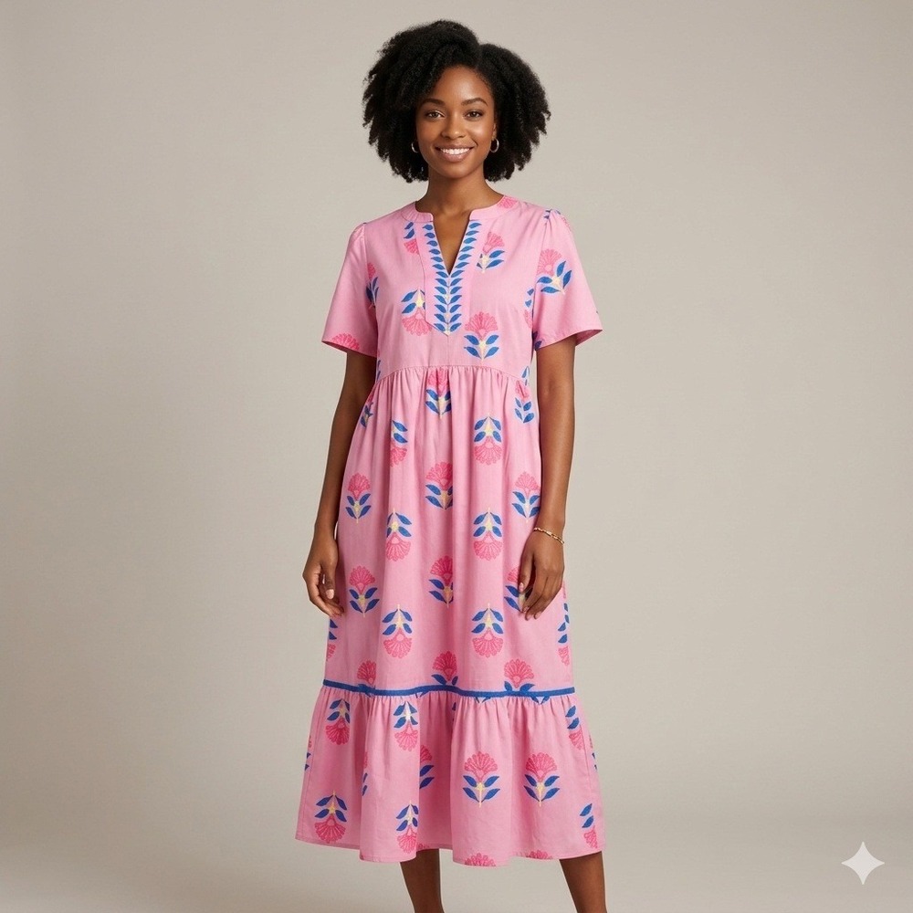 Wenrine Pink‎ Floral Maxi Dress Short Sleeve Tiered Boho Small NEW